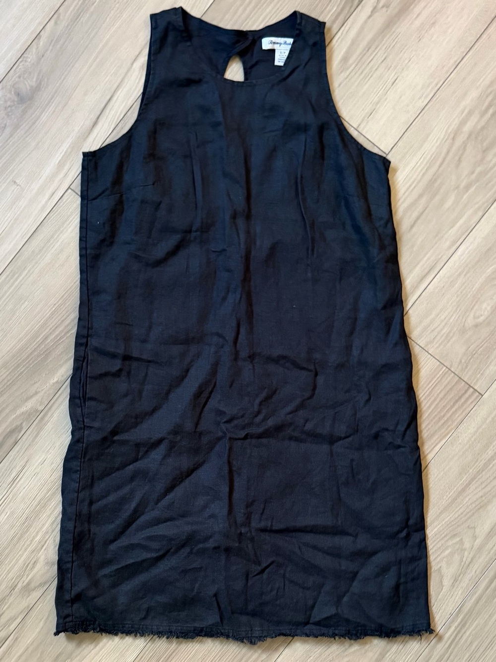 Tommy Bahama Linen Black Sleeveless Lined Shift Dress Fringe Hem Pockets Sz S